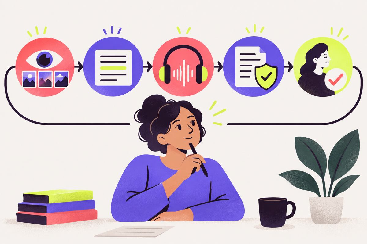 Ilustração editorial do fluxo de revisão humana de imagem, texto, áudio e direitos antes de publicar um Reel