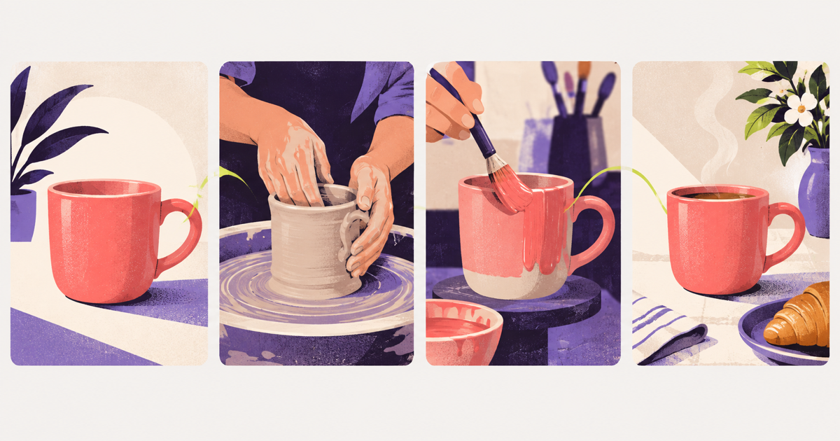 Ilustração editorial em quatro quadros do roteiro de um Reel sobre uma caneca artesanal, da abertura ao resultado final